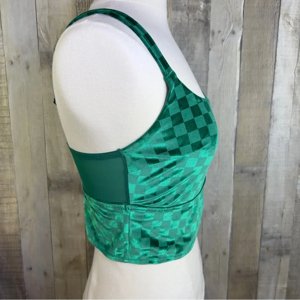 Colsie Size Small Green Velvet Checkered Crop Top Bralette W/Adjustable …